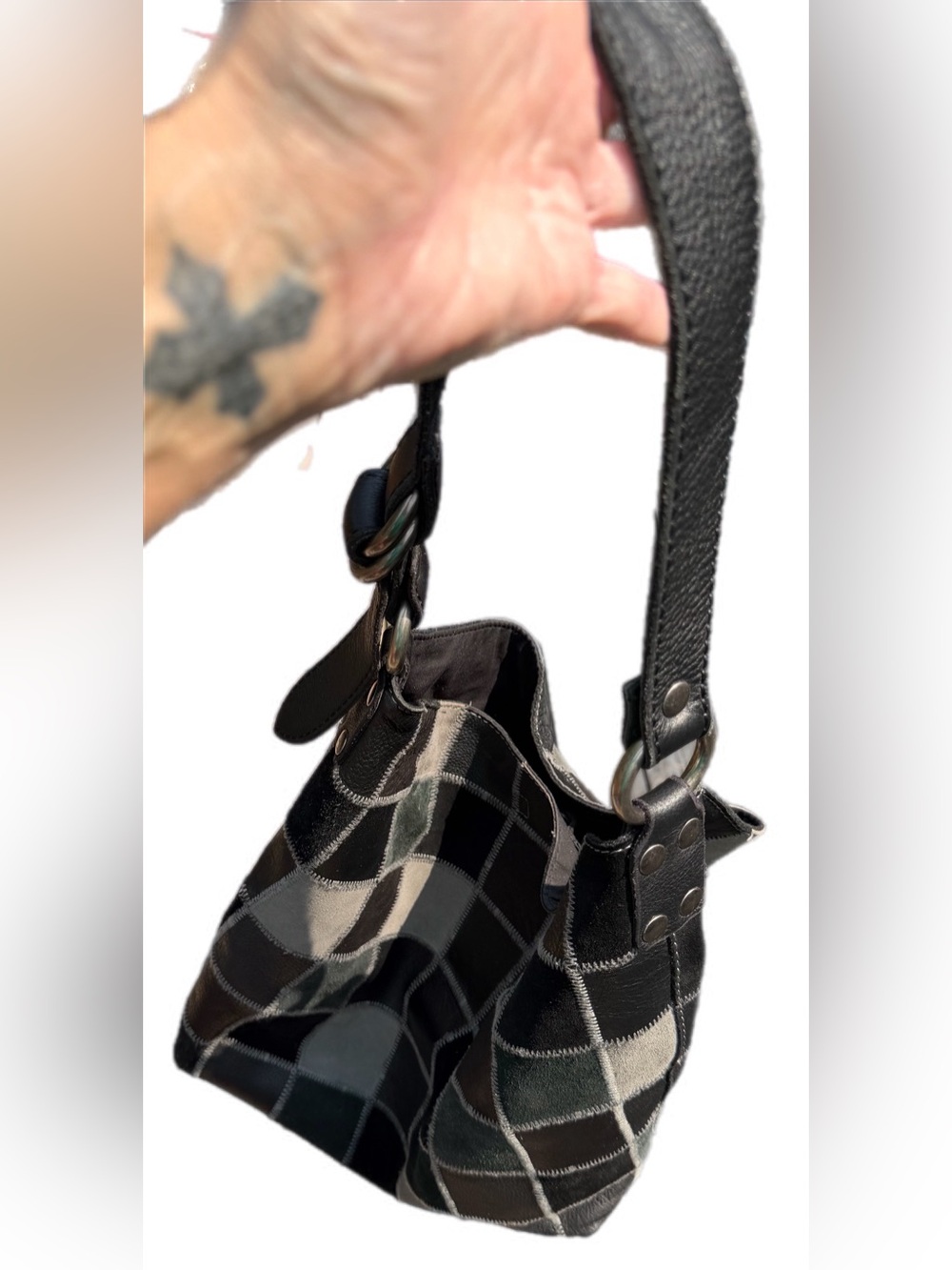 Lucky Brand Black Gray Patchwork Leather Suede Hobo Shoulder Bag Boho Y2K - Picture 10 of 13